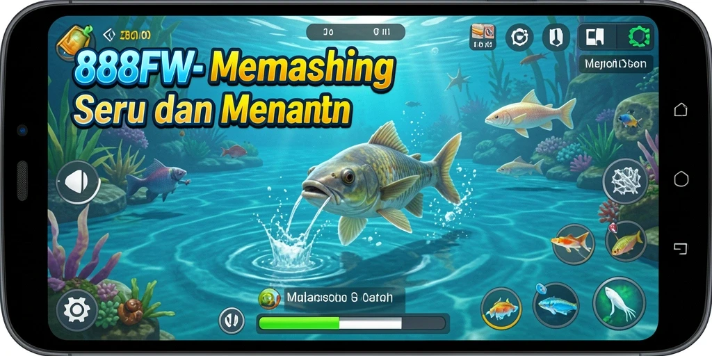 Screenshot gameplay 888FW menampilkan aksi memancing yang seru di tepi pantai.